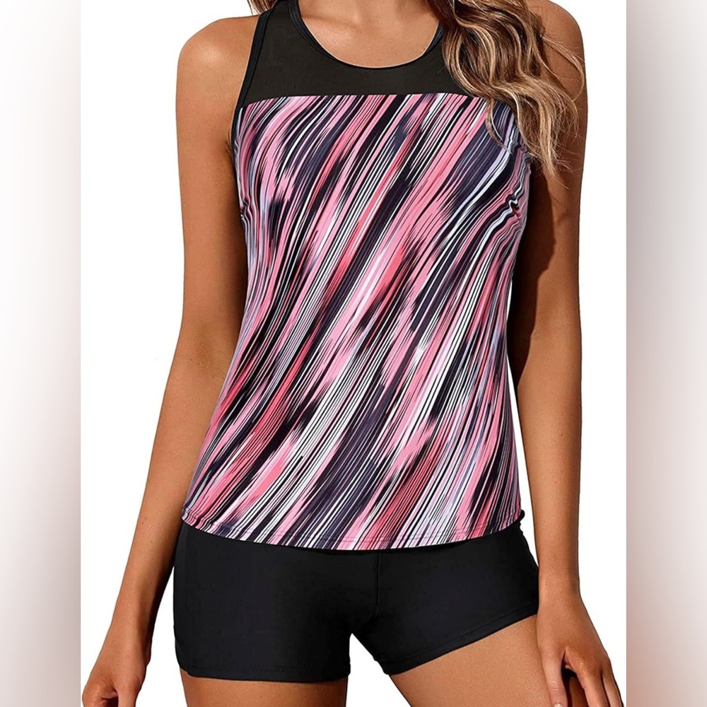 Women's Pink and Black Striped Swim Tankini